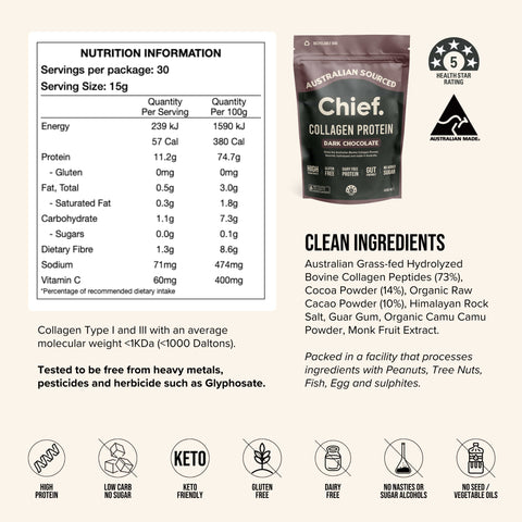 Chief Nutrition Grass-Fed Collagen Protein Powder - Dark Chocolate 450g